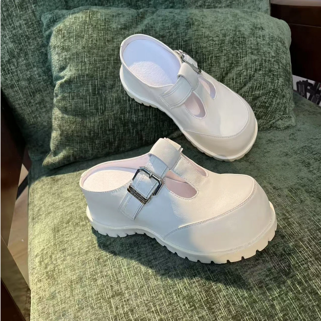 牛皮/5cm/厚底百搭明星同款增高跟包头夏季外穿拖鞋女洞洞鞋平底