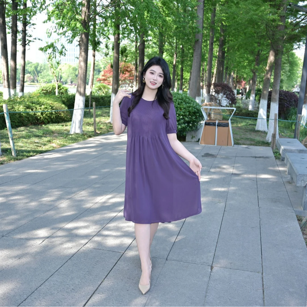 新款特大码法式百褶乔其纱雪纺连衣裙