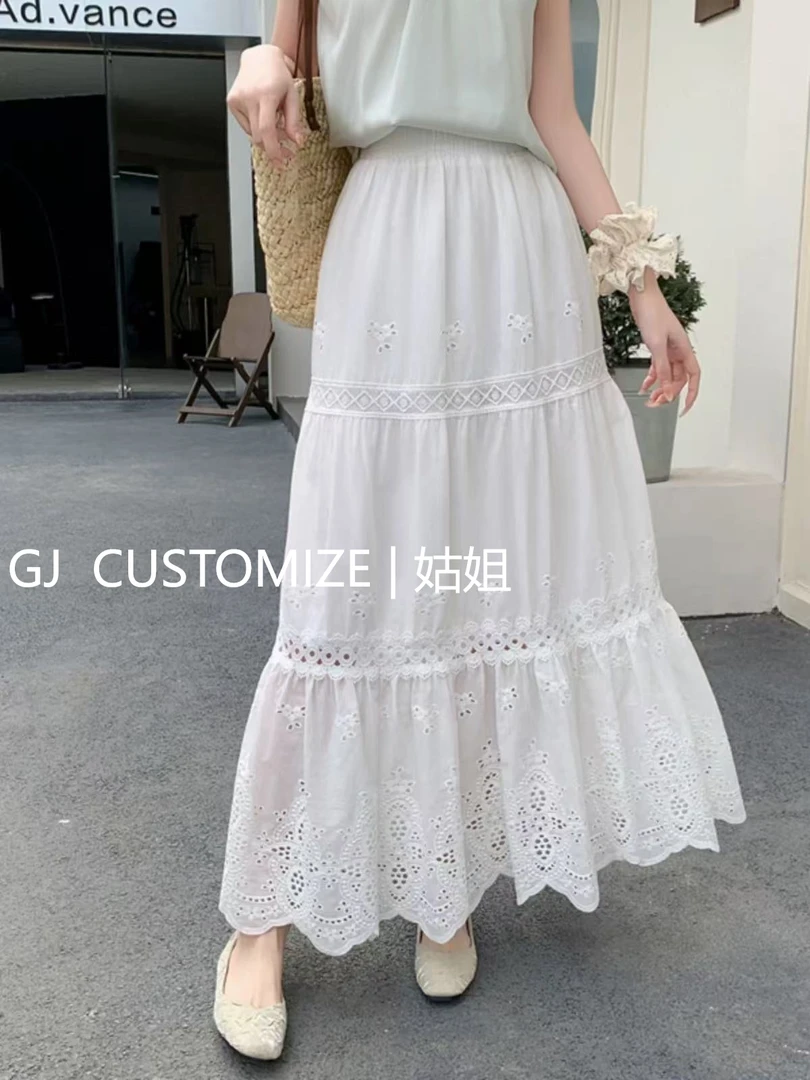 【姑姐严选】2025夏款法式重工刺绣花朵白色百搭A字蛋糕裙女