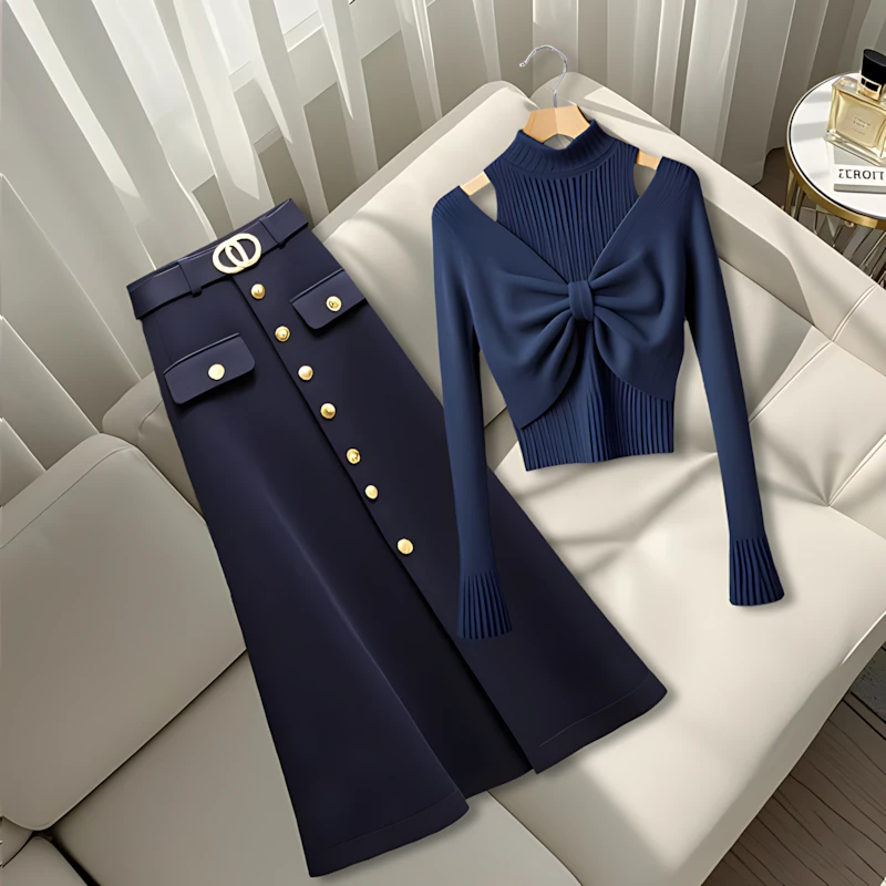 轻奢洋气淑女温柔显瘦穿搭一整套针织蝴蝶结长袖上衣高腰半身裙女