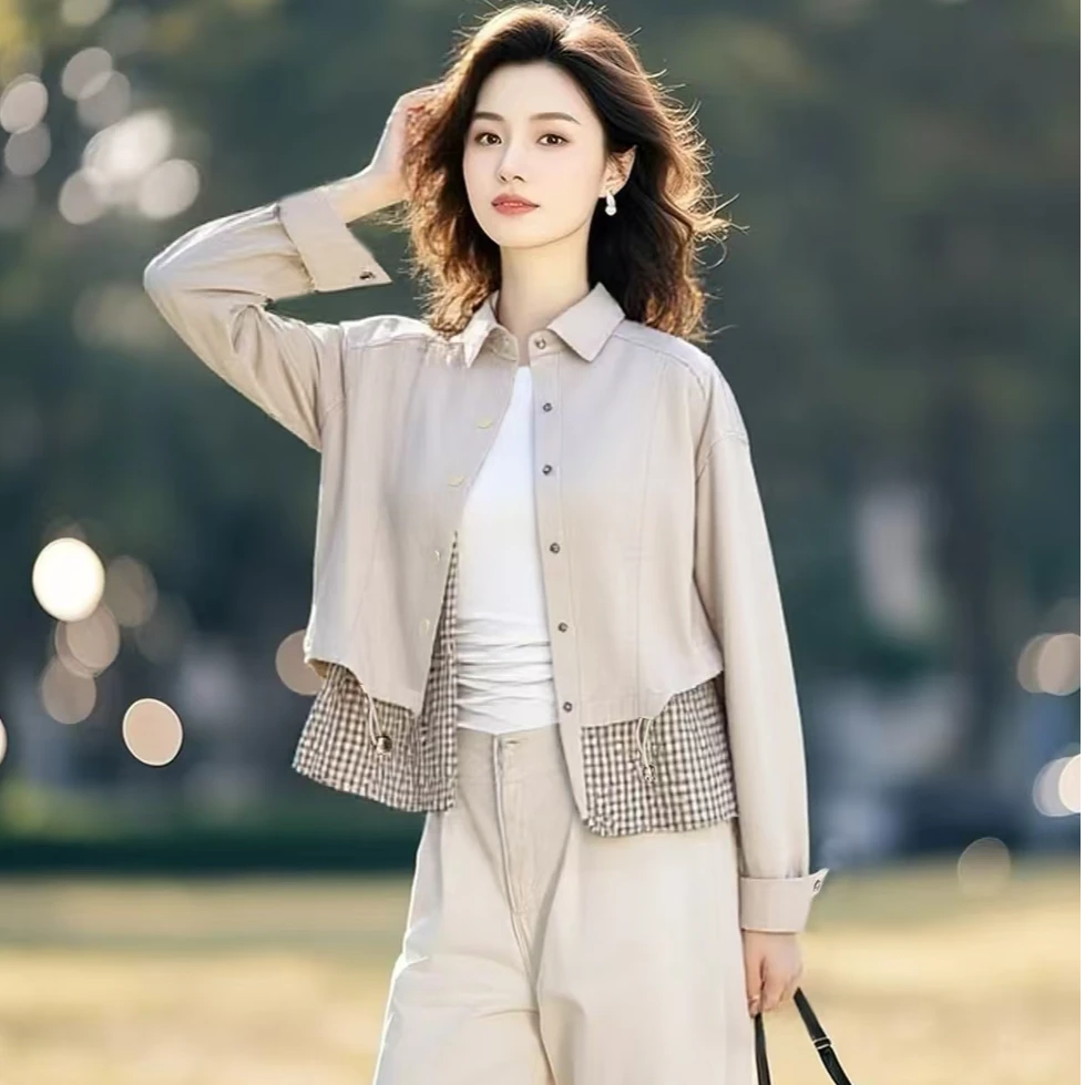 2025春季新款美式复古工装拼接格子假两件抽绳衬衣女外套夹克潮