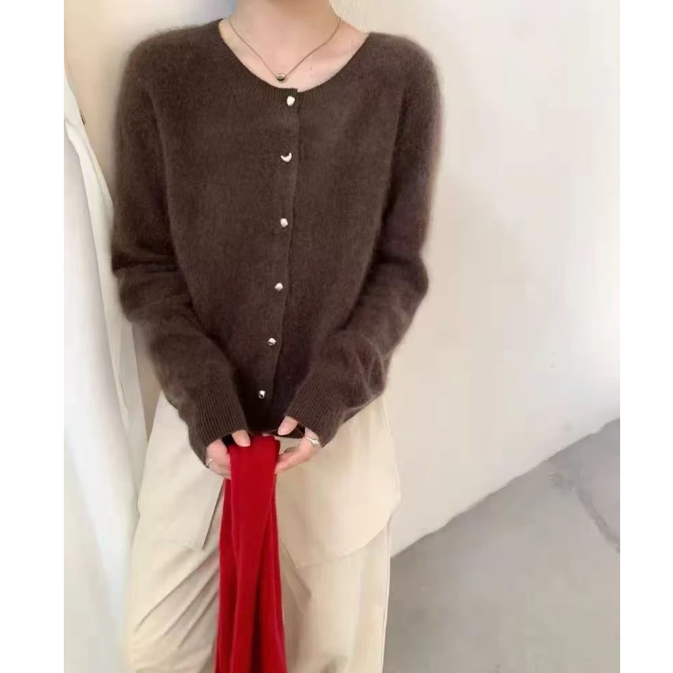 【月牙扣】咖啡色法式气质针织开衫女毛衣外套气质时尚宽松上衣
