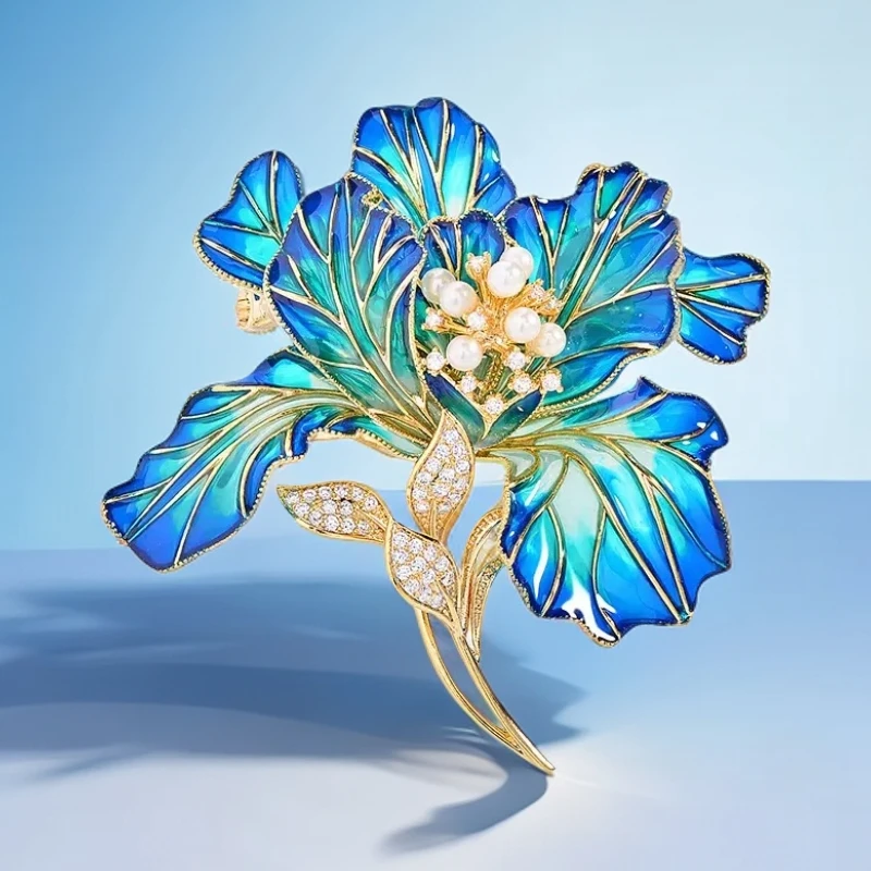 铜珐琅胸针 1367新品渐变蓝珐琅彩牡丹花胸针
