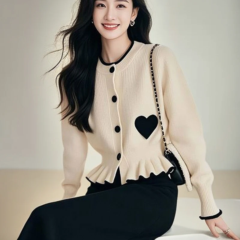 时尚爱心拼色荷叶边毛衣外套女春秋新款宽松洋气百搭针织开衫女