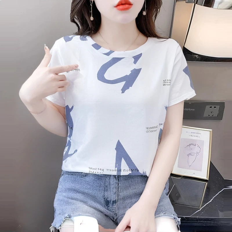 白色短袖印花字母T恤宽松显瘦女士时尚设计感休闲百搭夏装上衣
