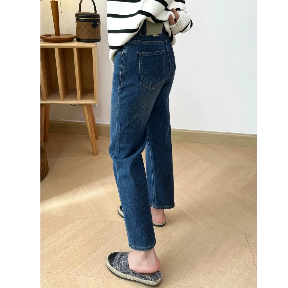 秋款时尚百搭牛仔裤刺绣高腰遮肉显瘦小个子九分直筒牛仔裤法棍裤