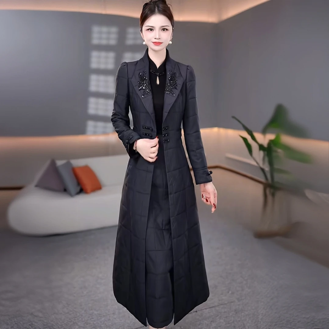 蓄热棉新中式刺绣中长款外套+连衣裙两件套2025秋冬新款时尚套装
