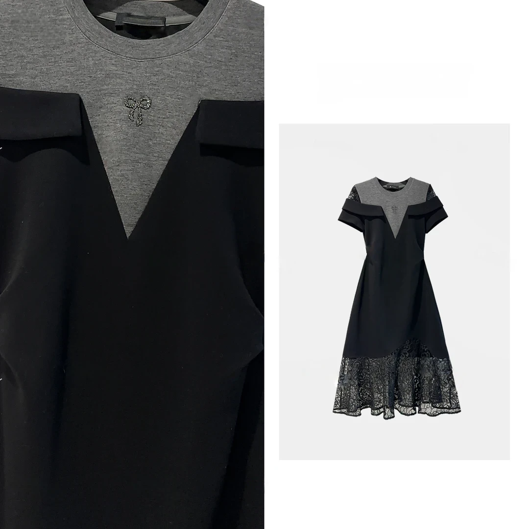 黑色减龄连衣裙蝴蝶蕾丝中长裙夏季轻奢