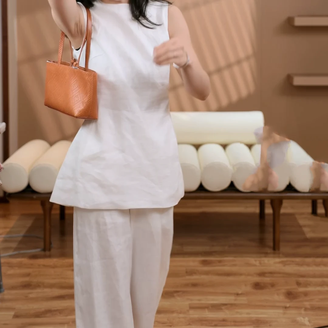 "简约风范"春夏女款无袖上衣+休闲裤白色中式复古夏季女装套装