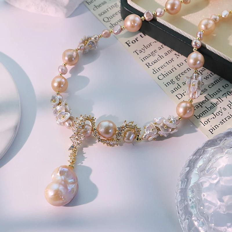 巴洛克珍珠蛇形花藤锆石项链手工设计款气质时尚