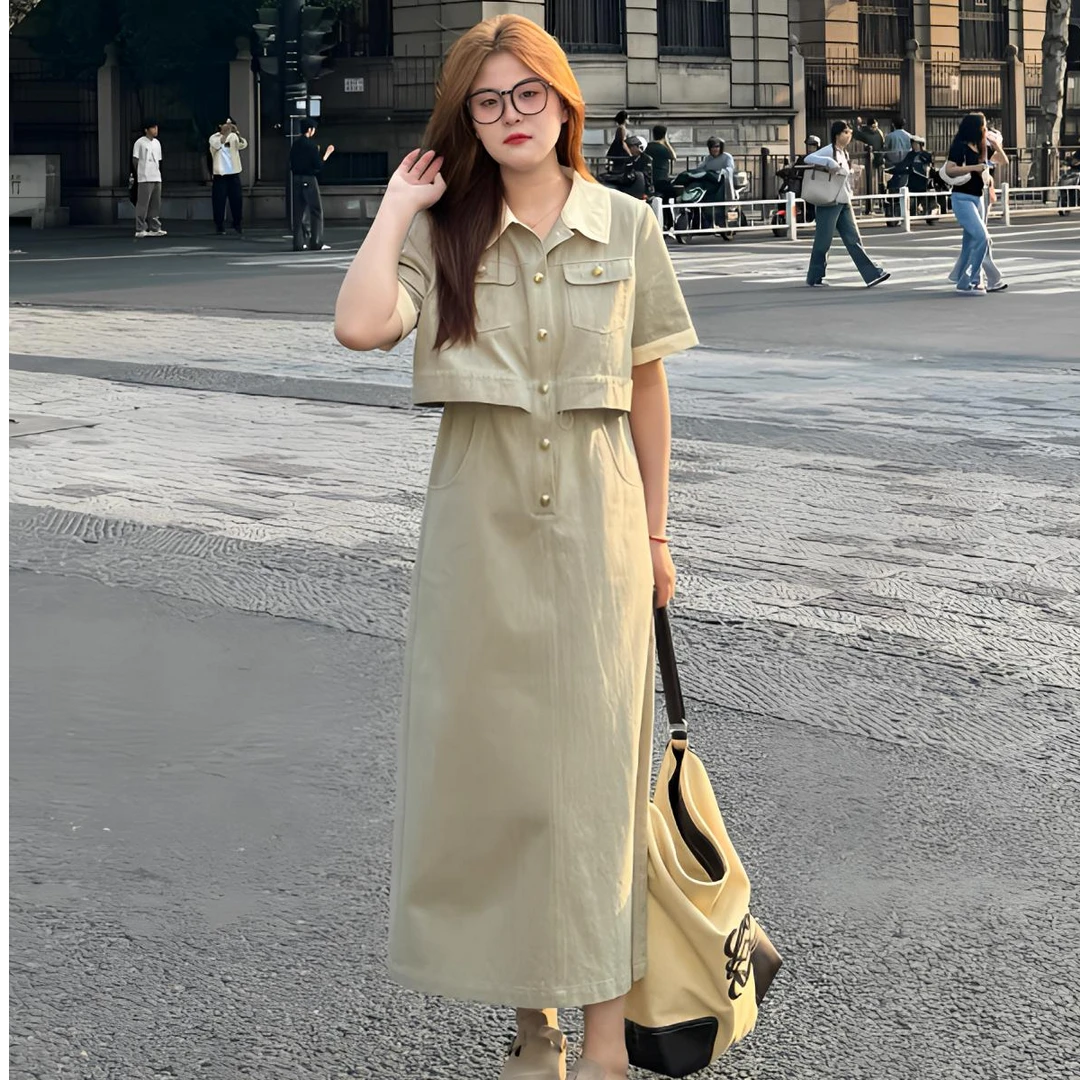 0302微胖大码夏季新款高级感假两件宽松气质显瘦遮肚连衣裙女