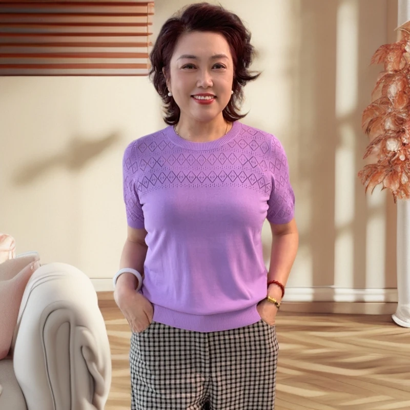 SQRON/圣奇融新款夏季针织圆领女薄款欧若智性风短袖针织衫25V064