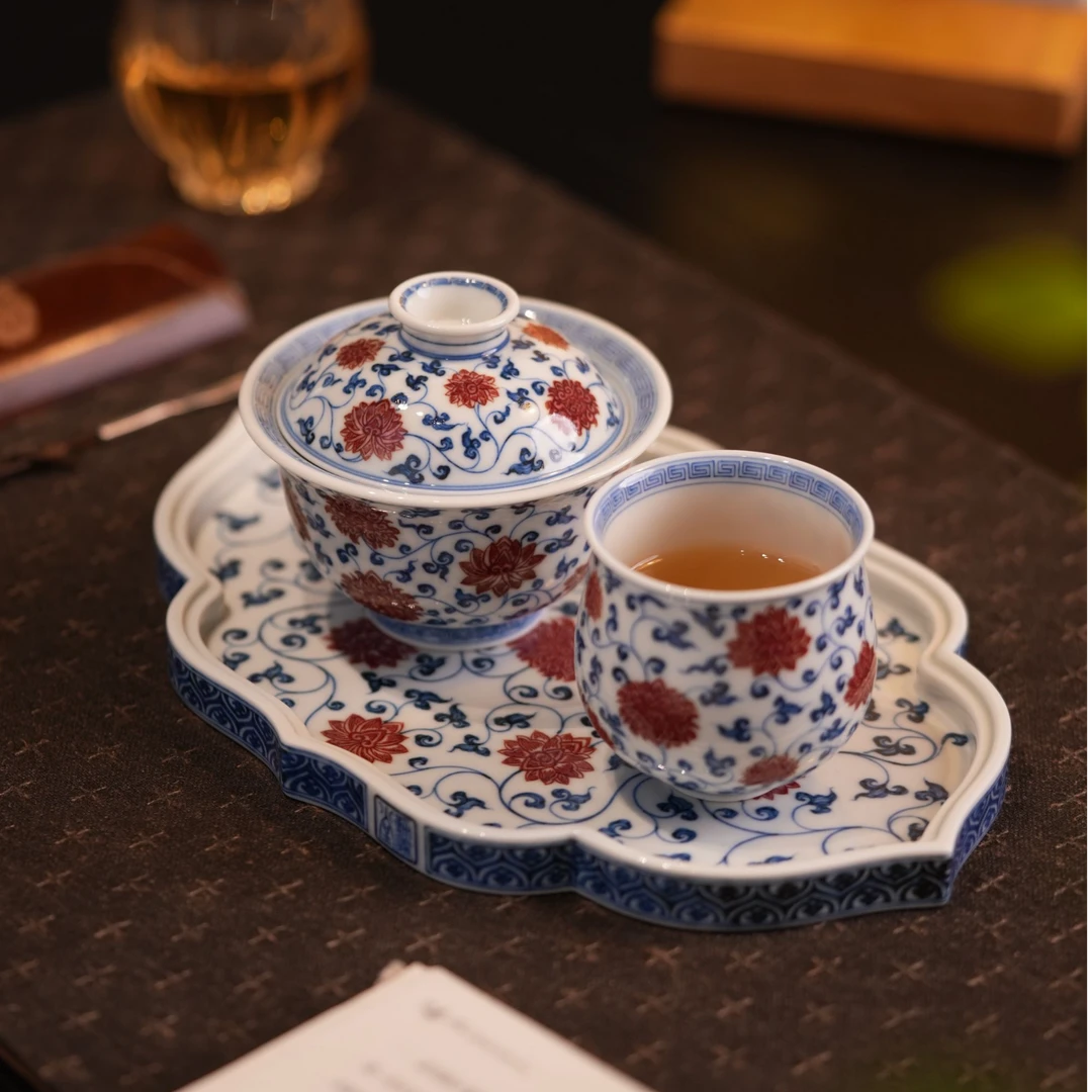 勤义堂原矿青花釉里红九莲呈瑞海棠套组景德镇名窑手绘高端茶器