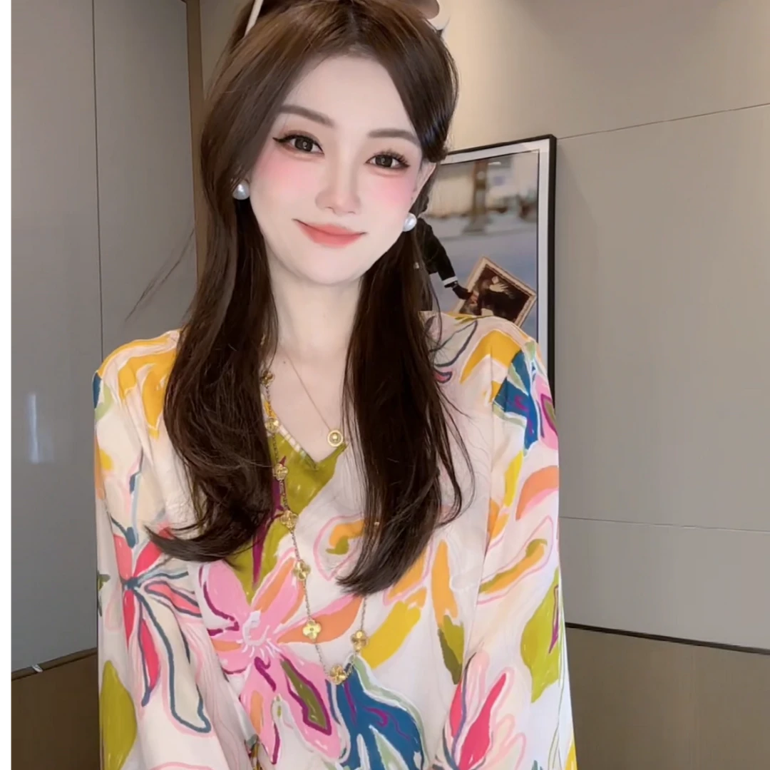 【丝芙玉禄】（F525）100%真丝双绉创意印花彩色桑蚕丝t恤上衣