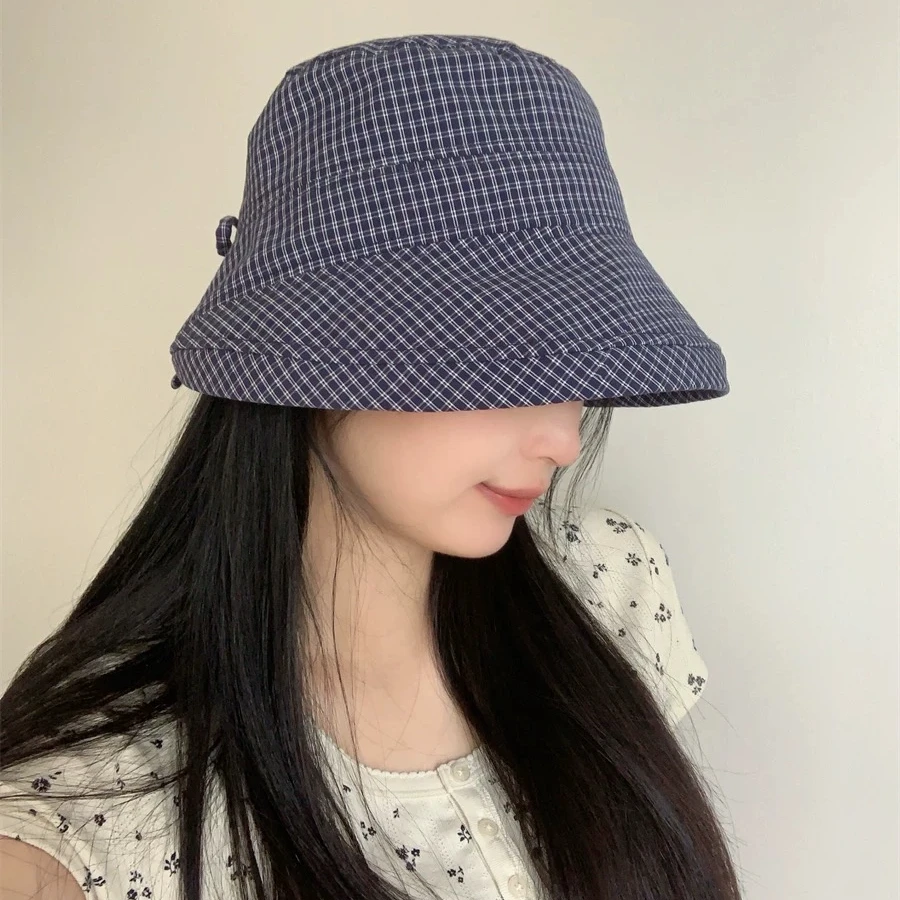 日系格子卷边渔夫帽女夏季新款大檐速干遮阳防晒帽时尚显帽子推荐