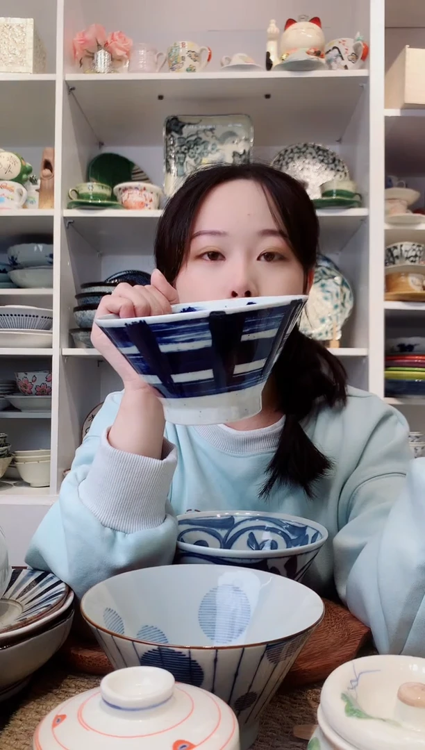 陶瓷三峰刷毛格子高脚斗笠碗16cm