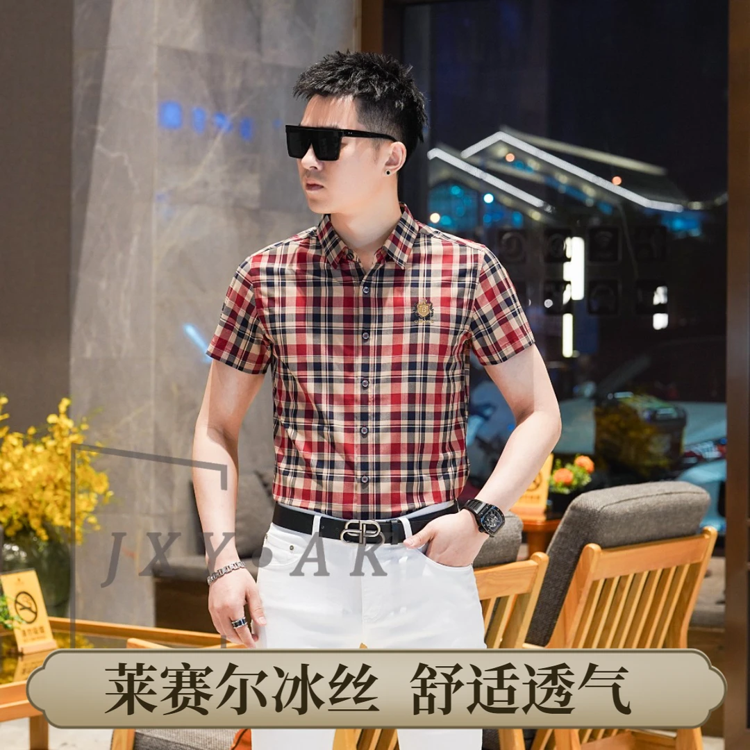 AK格子衬衫男装男士短袖衬衣时尚潮流经典男装格纹翻领修身衬衫