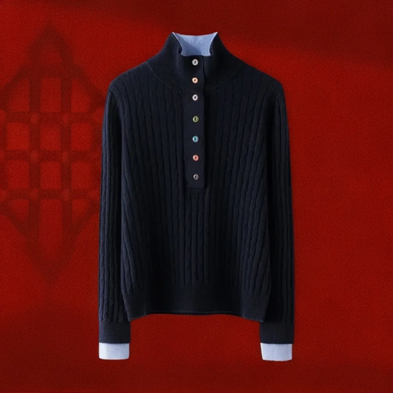 2024秋冬新款假两件立领撞色针织衫时尚休闲套头宽松显瘦毛衣女