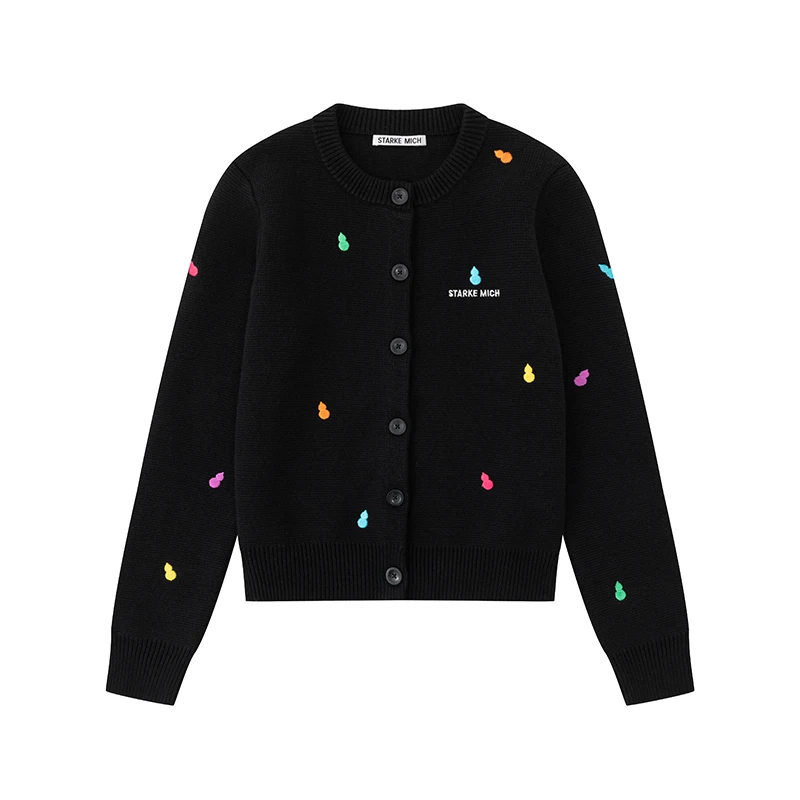 STARKEMICH 福禄葫芦刺绣黑色加厚针织衫毛衣外套开衫