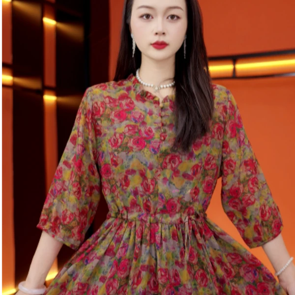 玫瑰品质法式专柜浪漫感气质时尚春夏设计中长款薄款连衣裙子女