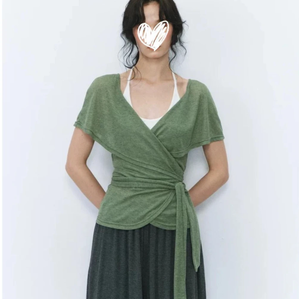 【森系慵懒】松弛感交叉绑带短袖T恤多种系法V领长飘带上衣7898