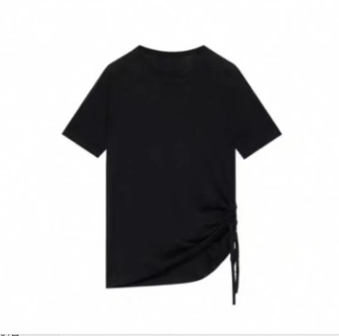 253087-ER圆领不对称宽松T恤女夏丝棉混纺抽绳休闲针织短袖