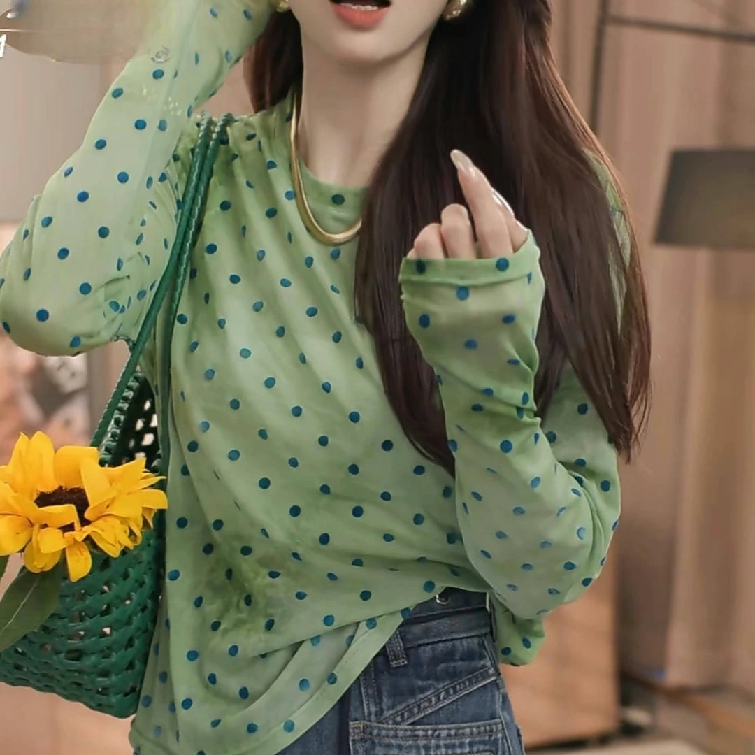 设计感波点显瘦圆领长袖T恤女夏季2025薄款时尚百搭休闲洋气上衣