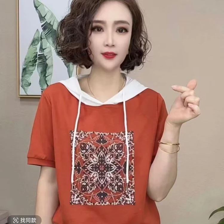夏装款洋气百搭气质连帽短袖T恤时尚减龄上衣女时尚中老年妈妈装