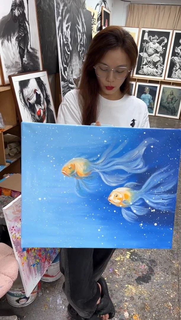 丙烯画?***天尘微老师蓝色金鱼加框