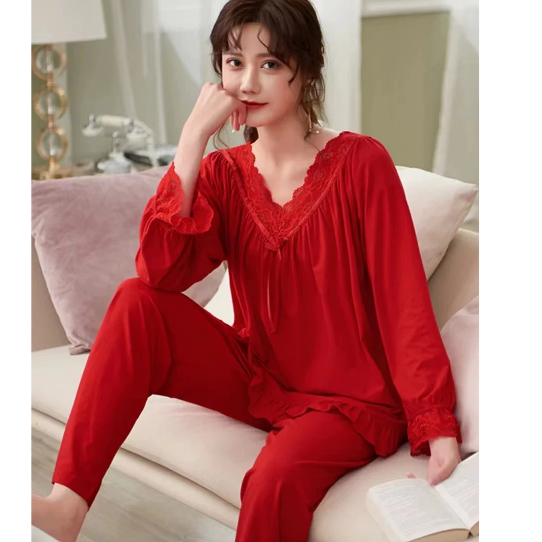 结婚睡衣女大码200斤秋季莱卡棉红色本命年胖M加肥加大春秋家居服