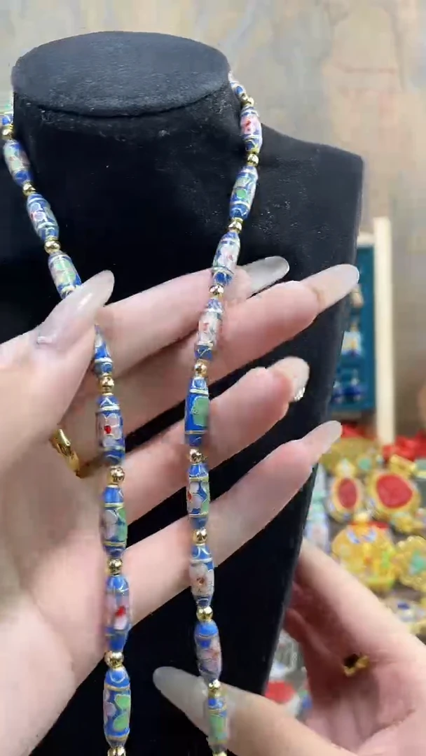 非遗手工景泰蓝竹节项链湖蓝