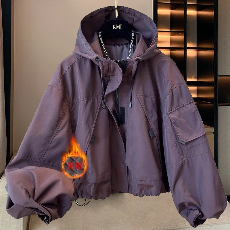 200-300斤秋冬二棉夹克外套女保暖设计感棉服外穿连帽拉链冲锋衣