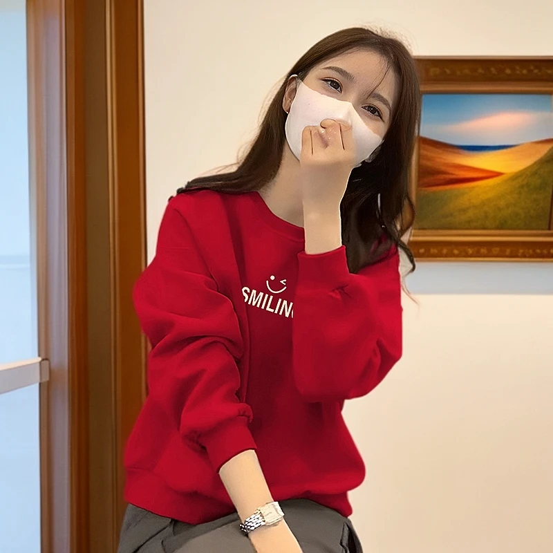 2025新款本命年衣服红色卫衣加绒加厚打底衫女秋冬季时尚洋气上衣