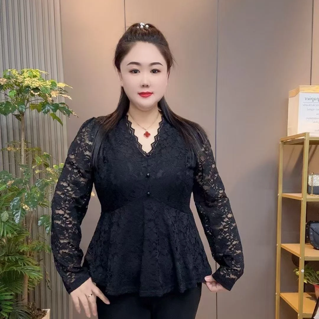 2025春季新款时尚洋气V领蕾丝镂空收腰减龄上衣