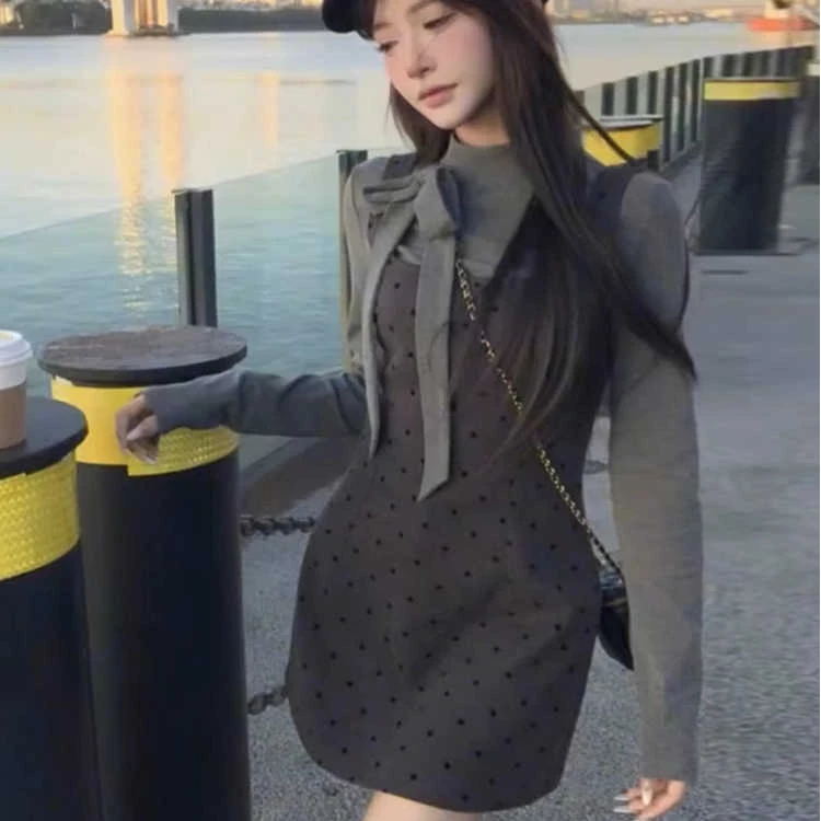 【植绒两件套】秋冬新款韩版气质波点背心连衣裙蝴蝶结半高领打底衫