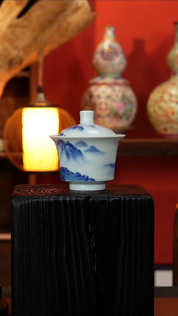 摆件皇窑青花山水盖碗