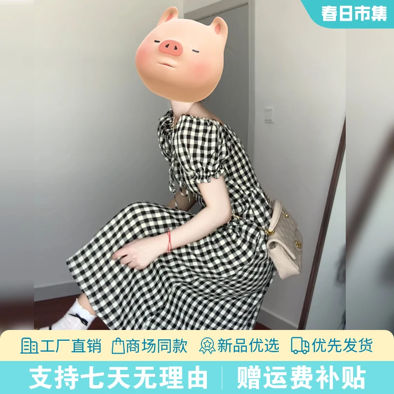 4036法式复古黑白格子连衣裙子女夏季2025新款显瘦泡泡袖收腰长裙