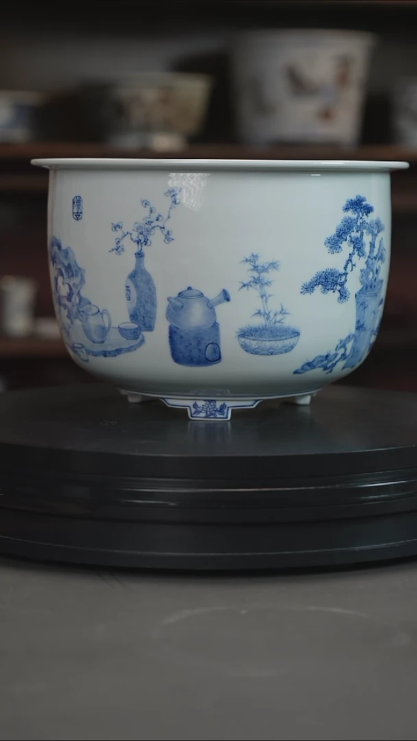 釉下青花手绘盆天*釉下青花手绘盆