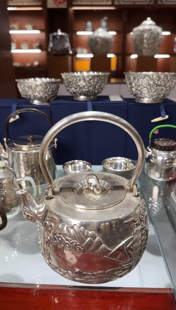 艺*足银999精工手工提梁一帆风顺提梁烧水壶