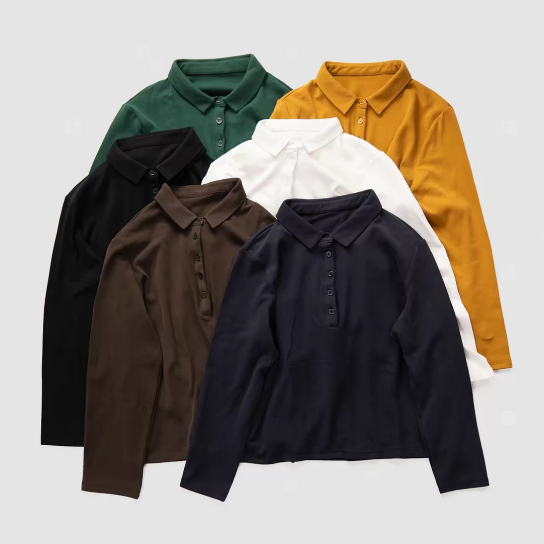 2025女士秋冬长袖T恤韩版百搭纽扣长袖翻领简约通勤打底衫POLO衫