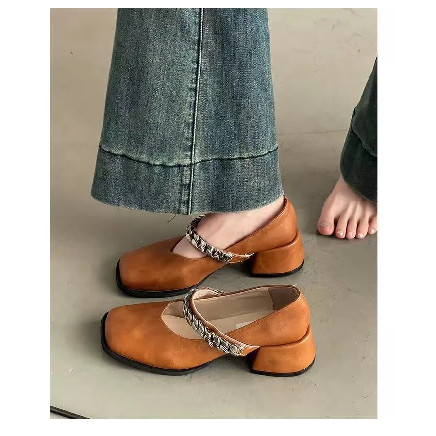 2025春季新款链条松紧带时尚百搭网红爆款软底方头粗跟玛丽珍女鞋