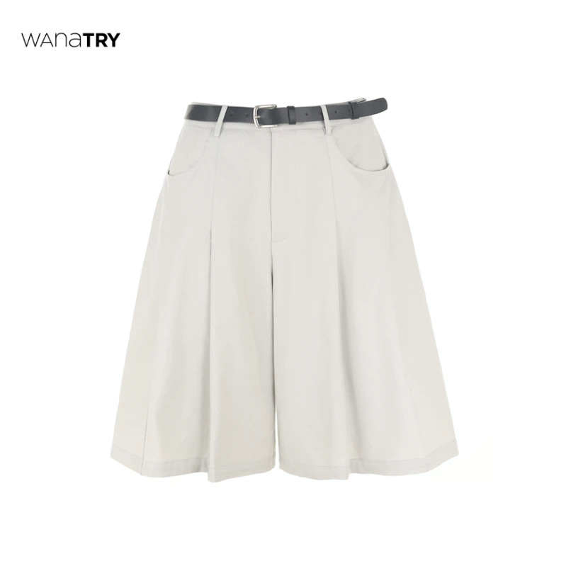 Wana Try灰杏色高腰百褶五分短裤（自带腰带）【达人】
