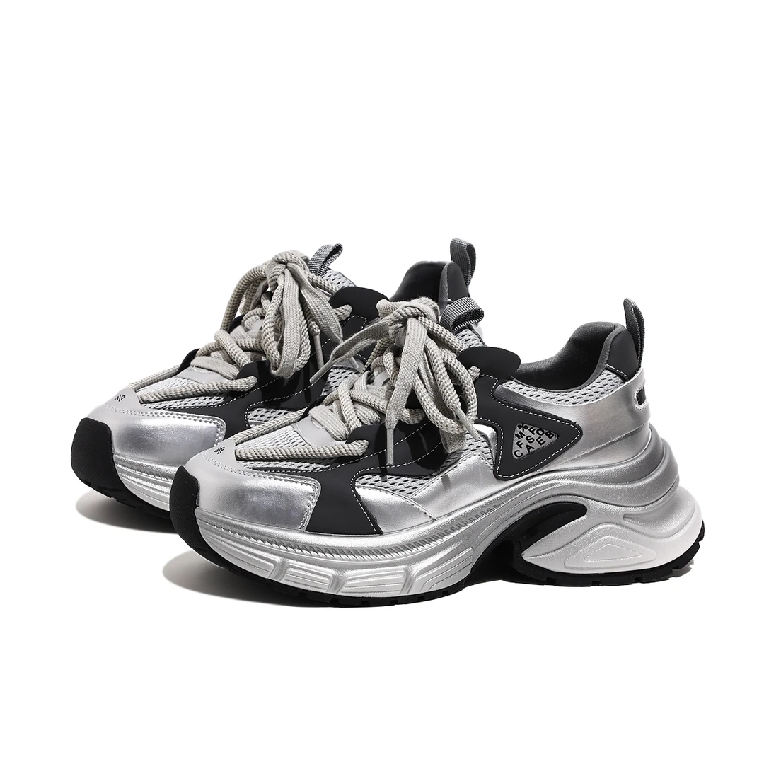 首谷今年流行的银色复古小众老爹鞋女2025新款厚底增高百搭运动鞋