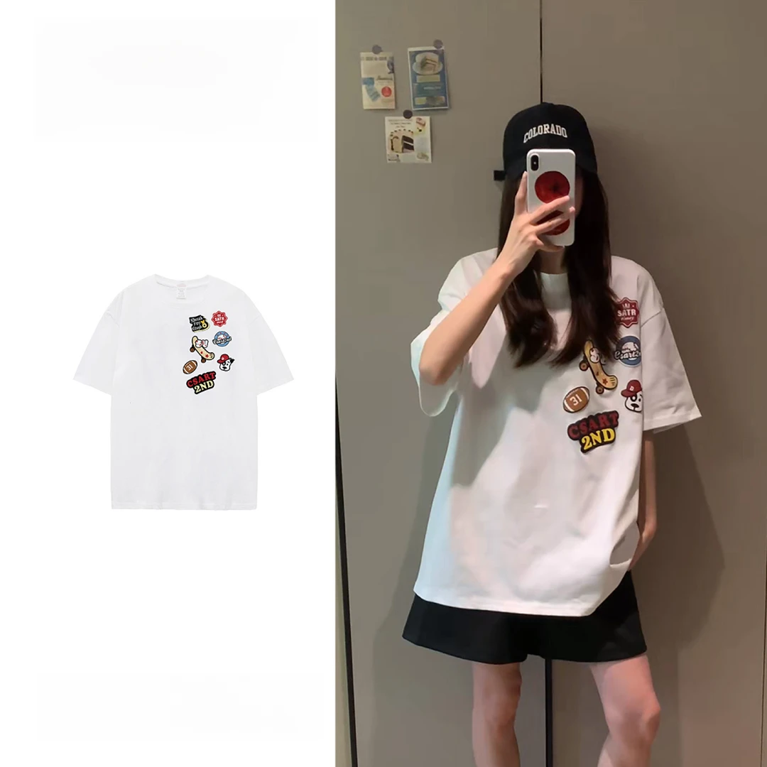 加大码300斤美式潮牌创意印花纯棉短袖t恤男女夏季宽松显瘦打底衫