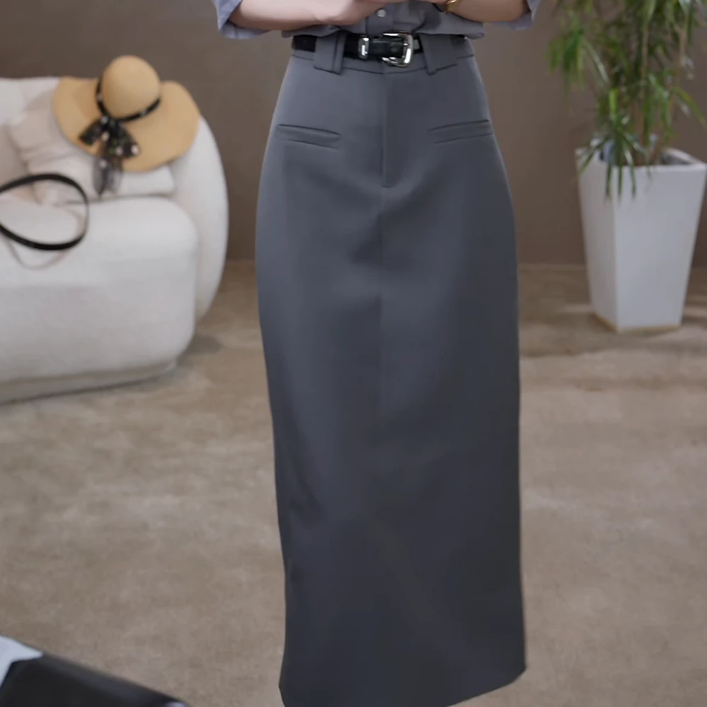 【配腰带】春季新款灰色开叉西装裙高腰中长款休闲半身裙裙子女