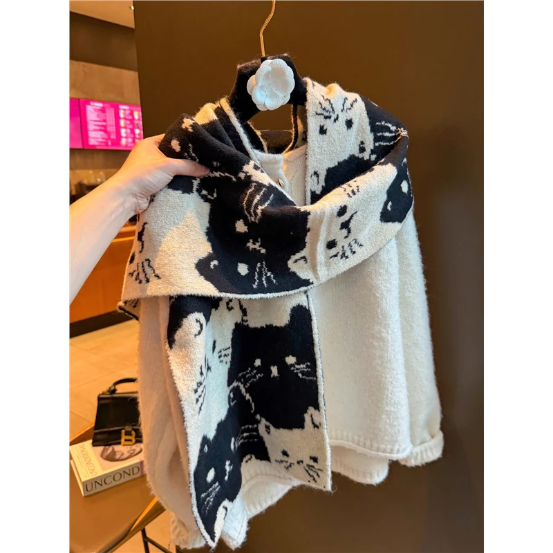 Miss Silas可爱黑白小猫围巾女秋冬季保暖小披肩送礼加厚围脖学生