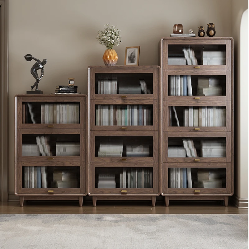 胡桃色实木书柜书架防尘玻璃门客厅书房置物架带门落地家用北欧