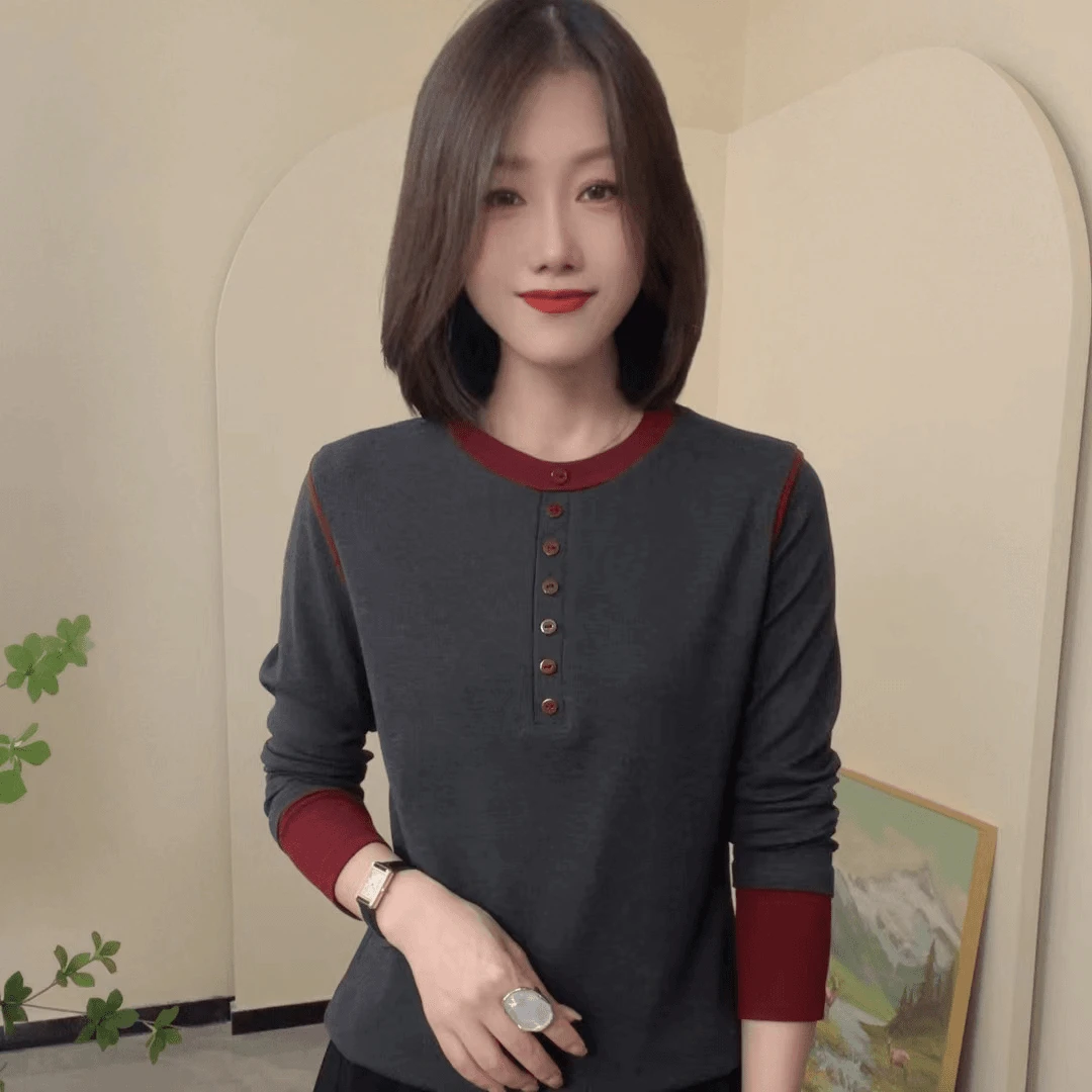 2024秋季新款圆领长袖T恤撞色设计感时尚女士修身小衫网红针织女.