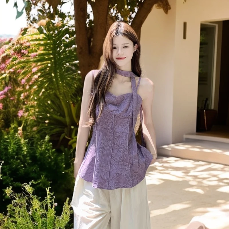 实拍 2025夏季新款韩版法式复古气质提花飘带百搭洋气吊带上衣女