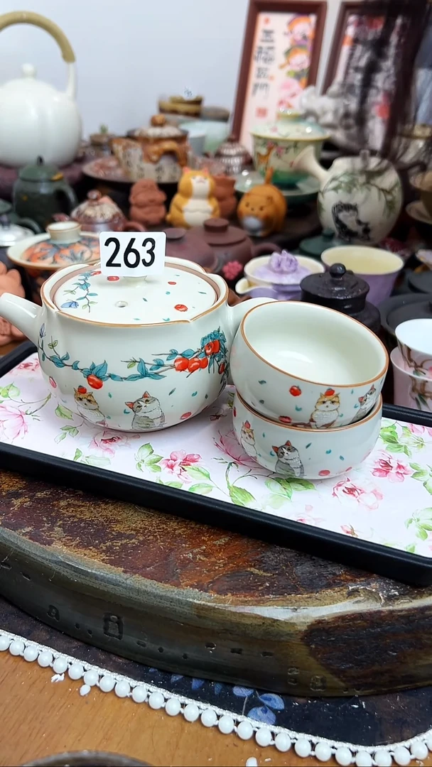 【 茶瓷物语】猫猫茶壶两个茶杯送茶盘